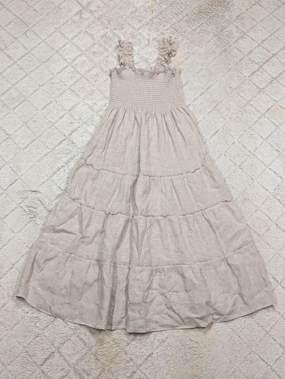 Quince Dress Womens S Beige Flax European Linen Smocked Midi Tiered